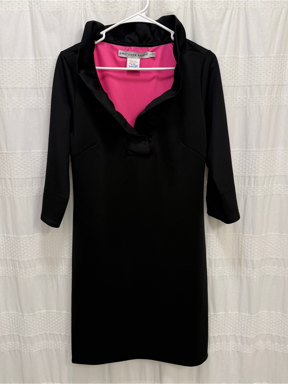 Gretchen Scott Ruffle Neck Dress Black Womens Large 3/4 Sleeve Performance